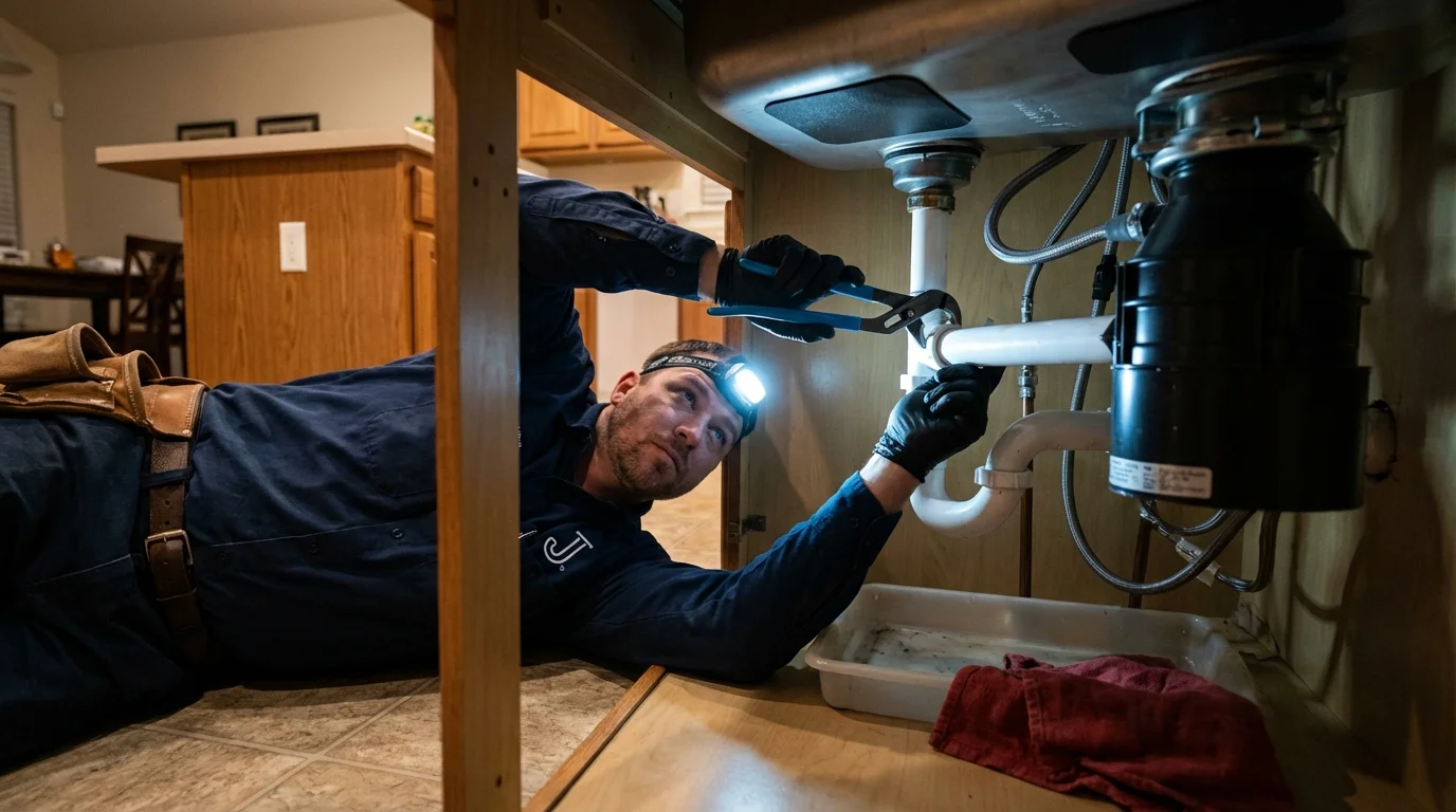 P-trap and supply line connections under a kitchen sink showing a common leak point in Knoxville, GA